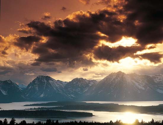 The Teton Range rising behind Jackson Lake, Grand Teton National Park, northwestern Wyoming, U.S.