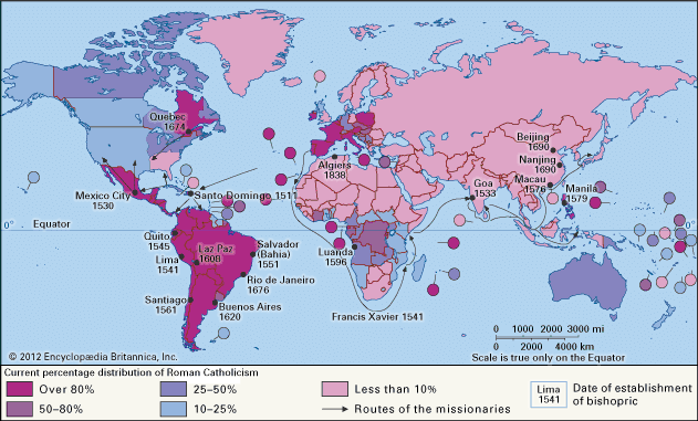 Routes of missionaries, dates of establishment of dioceses, and current distribution of Roman Catholicism.