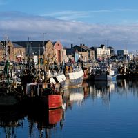 Fishing boats docked in Dublin.