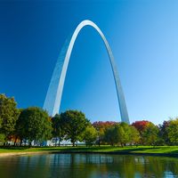 The Gateway Arch viewed from the surrounding park area in Gateway Arch National Park (formerly Jefferson National Expansion Memorial) in St. Louis, Missouri.