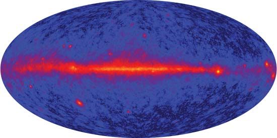 The first all-sky map produced by the Large Area Telescope on board the Fermi Gamma-ray Space Telescope.