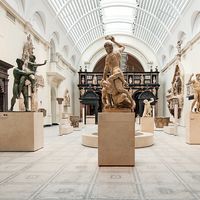 LONDON, UNITED KINGDOM - APRIL 16, 2014: Victoria and Albert Museum interior view. V&A Museum is the world's largest museum of decorative arts and design.