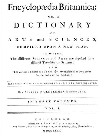 title page of volume one of the first edition of Encyclopædia Britannica