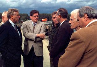 Democratic congressman Steny Hoyer of Maryland (left) and Richard Holbrooke (second left), the chief U.S. negotiator of the Dayton Accords, with Miodrag Pajić (centre), mayor of Brčko, Bosnia, 1996.