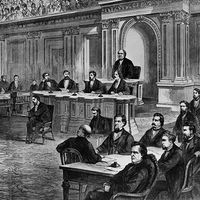 The impeachment trial of Pres. Andrew Johnson, illustration from Frank Leslie's Illustrated Newspaper, March 28, 1868.