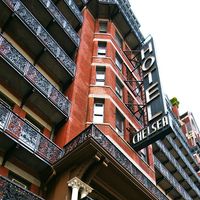 Historic NYC Chelsea Hotel Feb. 3, 2012. This landmark hotel, known for its history of notable residents is located on 23rd Street was opened in 1884 in New York City, NY USA.