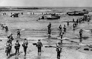 U.S. troops landing with Higgins assault boats on a beach in French Morocco, November 1942.By November 1942 the Allies had begun to secure the Atlantic. Stalin was demanding the opening of a second front against Germany to relieve the pressure on Russia. Britain and America were not yet prepared for a major continental invasion, so a compromise was reached in the North Africa campaign. The Allies landed on November 8, forced the capitulation of the Vichy regimes in Morocco and Algeria, and drove eastward against Rommel's German army.