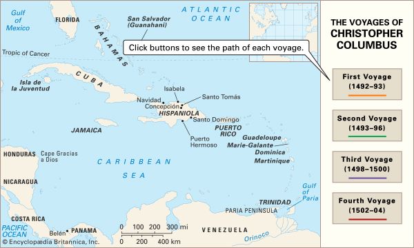The voyages of Christopher Columbus. His transatlantic journeys opened the way for European exploration and colonization of the Americas.