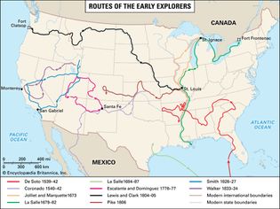 Colonial exploration routes within the United States