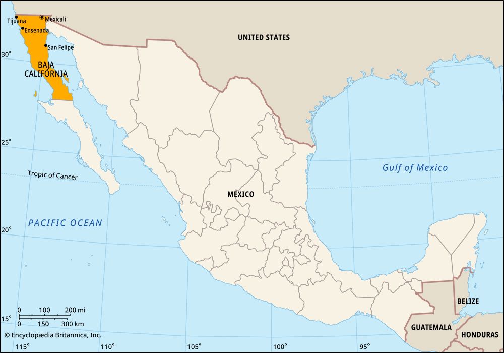 Baja California, Mexico. Locator map: boundaries, cities.