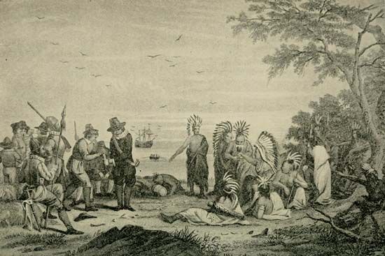 Massasoit meeting English settlers.