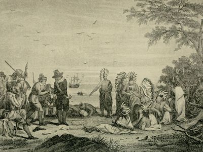 Massasoit meeting English settlers.