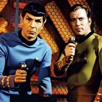 (Left) Leonard Nimoy as Mr. Spock and William Shatner as Captain James T. Kirk from the television series "Star Trek" (1966-69). (science fiction, Vulcans)