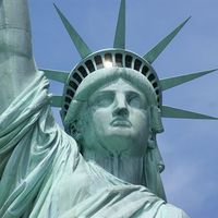 Detail of the head of the Statue of Liberty monument, Liberty Island, Upper New York Bay, New York.