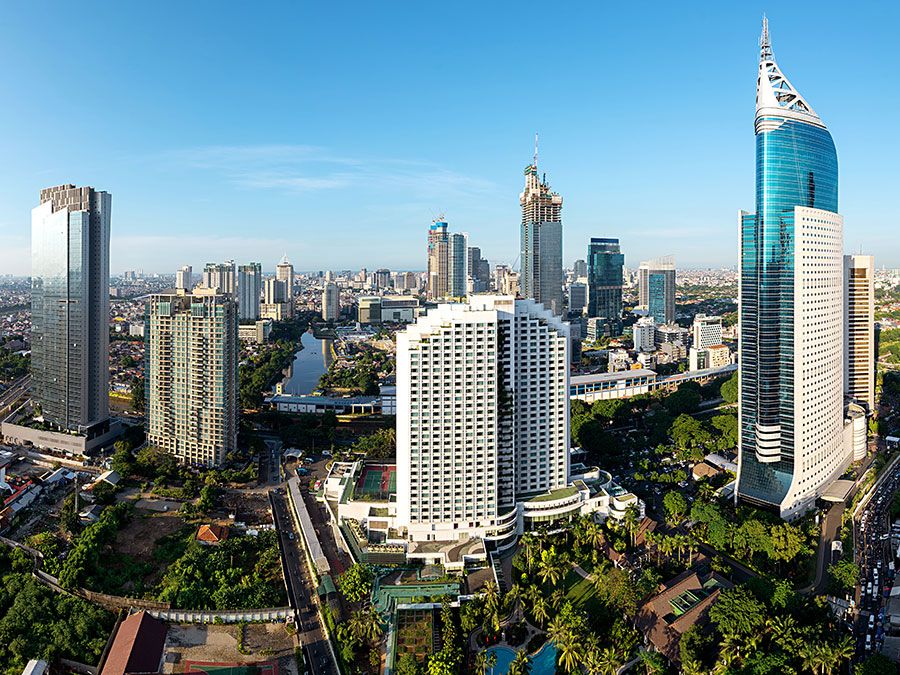 Skyscrapers in the business district of central Jakarta, Indonesia, around the Jalan Jenderal Sudirman thoroughfare.