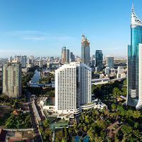 Skyscrapers in the business district of central Jakarta, Indonesia, around the Jalan Jenderal Sudirman thoroughfare.