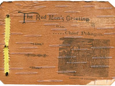 The Red Man's Greeting, Potawatomi Indian Simon Pokagon's birchbark booklet that he sold at the 1893 World's Columbian Exposition. It describes the refusal of the fair organizers to recognize the area's original inhabitants.