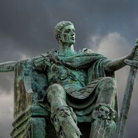 The statue of Constantine the first Christian Roman emperor. Located in York, England, UK, outside York Minster.