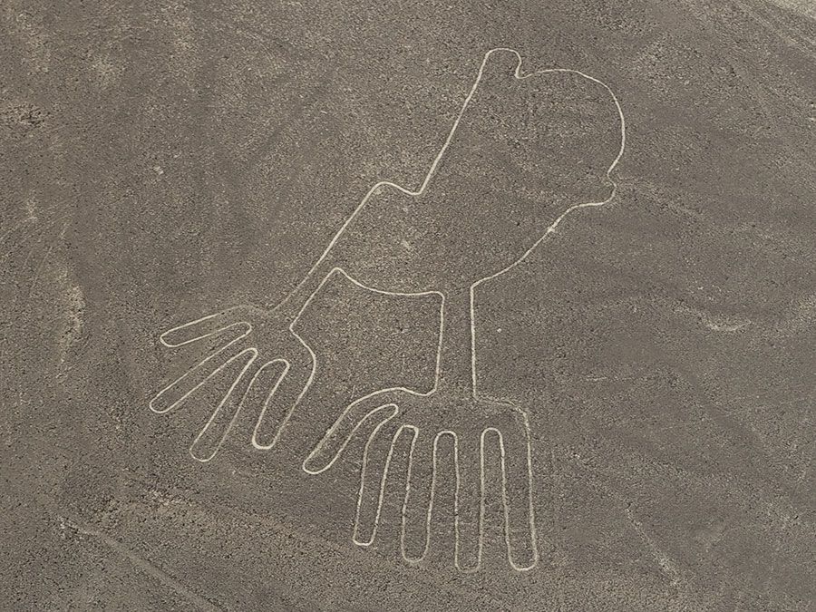 Nazca Lines showing hands, one of the geoglyphs on the Pampa Colorado, northwest of the city of Nazca, Peru. (Nasca Lines)