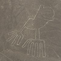 Nazca Lines showing hands, one of the geoglyphs on the Pampa Colorado, northwest of the city of Nazca, Peru. (Nasca Lines)