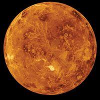 Venus, view of the northern hemisphere based on observations made by the Magellan spacecraft. The Maxwell Montes, Venus' highest mountain range, is the bright spot just below the center of the image. The Montes, and the dark areas above and to its left,a