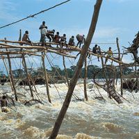 Enya (Wagenia) fishing in the rapids of the Congo River near Kisangani, Democratic Republic of the Congo.