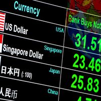 currency exchange rate on digital LED display board in global background