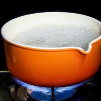 Metal and enamel pan of boiling water on stove. (boiling point; cooking; steam; cooking gas; non-electric)