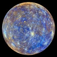 Planet Mercury photographed by the MESSENGER spacecraft. Colors produced by images from color base map imaging. Colors are not what Mercury looks to human eye. See NOTES: