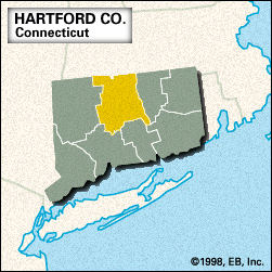 Locator map of Hartford County, Connecticut.