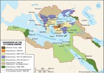 This map shows the territorial expansion of the Ottoman Empire from 1300 to its greatest extent in 1683-99, highlighting different periods under rulers such as Mehmed II, Selim I, and Süleyman the Magnificent, and marking key cities, seas, and geographical boundaries in Europe, North Africa, and the Middle East.