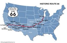 A map of Route 66 showing how the highway connected Chicago and Los Angeles via Illinois, Missouri, Kansas, Oklahoma, Texas, New Mexico, Arizona, and California.