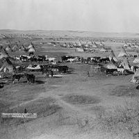 Bird's eye view of a Lakota Sioux Indian camp near Pine Ridge Indian Reservation, South Dakota, 1891. Photographed by John Grabill.