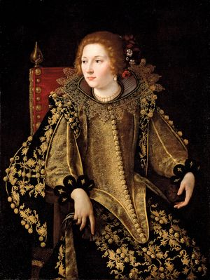 Gentileschi, Artemisia: Portrait of a Lady, Three-Quarter Length Seated, Dressed in a Gold Embroidered Elaborate Costume