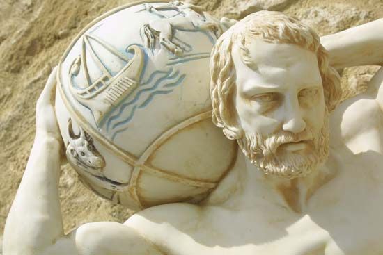 Detail of the Atlas statue in Paphos, Greece, showing the celestial globe.