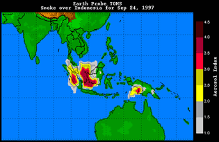 Smoke over Indonesia on September 24, 1997.Hundreds of fires set by loggers, farmers, and plantation owners burned on the islands of Sumatra and Borneo. Smoke from fires set on the island of New Guinea is also visible.