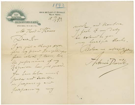 Letter from Antonín Dvořák to Theodore Thomas, a champion of Dvořák's music and the director of the Chicago Orchestra, April 14, 1893.