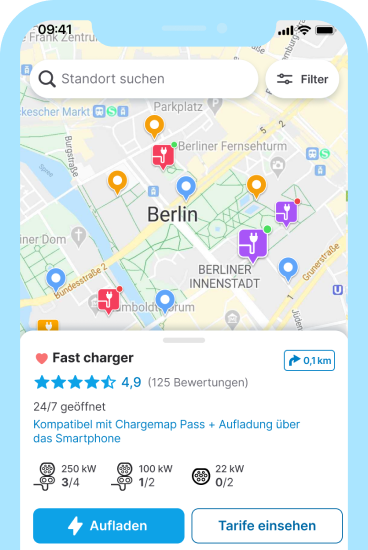 2. Vor der Ladesäule schließen Sie Ihr Elektrofahrzeug an und gehen Sie vom Chargemap-Eintrag der Ladesäule aus auf 'Aufladen'.