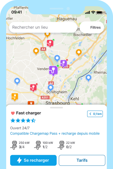 2. Devant la borne, branchez votre véhicule électrique et allez sur ‘Se recharger’ depuis la fiche de la borne Chargemap.