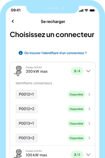 3. Sélectionnez le connecteur sur lequel vous êtes branché et vérifiez le tarif avant de lancer la recharge.