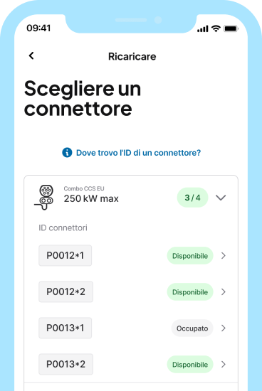 3. Seleziona il connettore sul quale sei connesso e verifica la tariffa prima di avviare la ricarica.