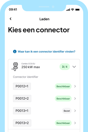 3. Selecteer de connector die aan uw voertuig is gekoppeld en check het tarief voordat u gaat laden.