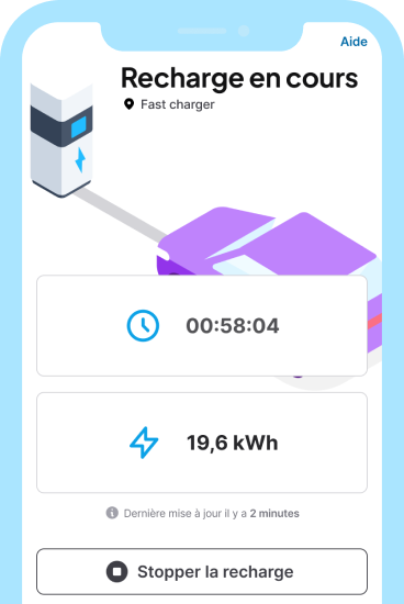 4. Suivez en temps réel l’avancée de votre recharge et stoppez-la à tout moment.