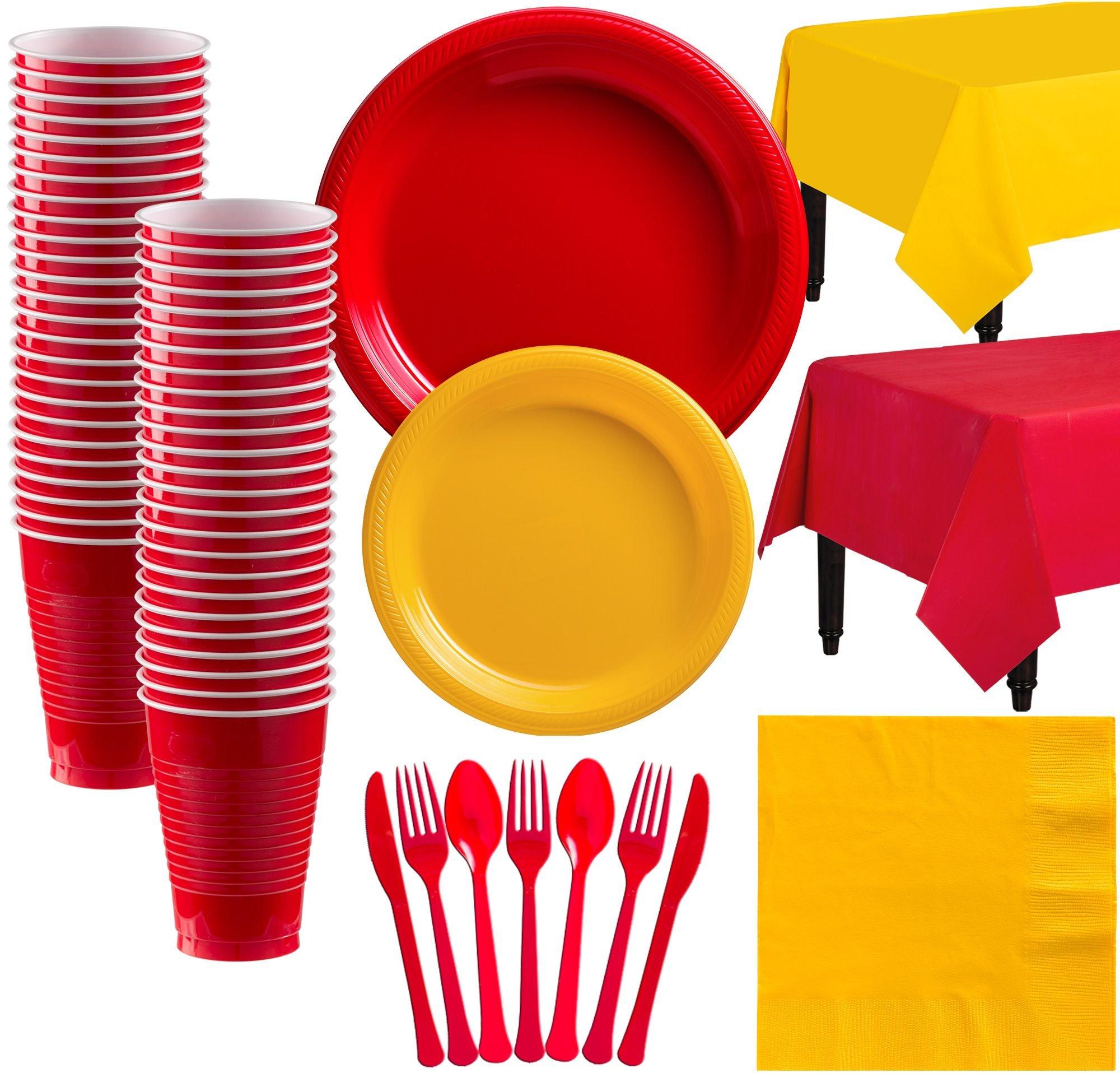 Red & Sunshine Yellow Plastic Tableware Kit for 50 Guests