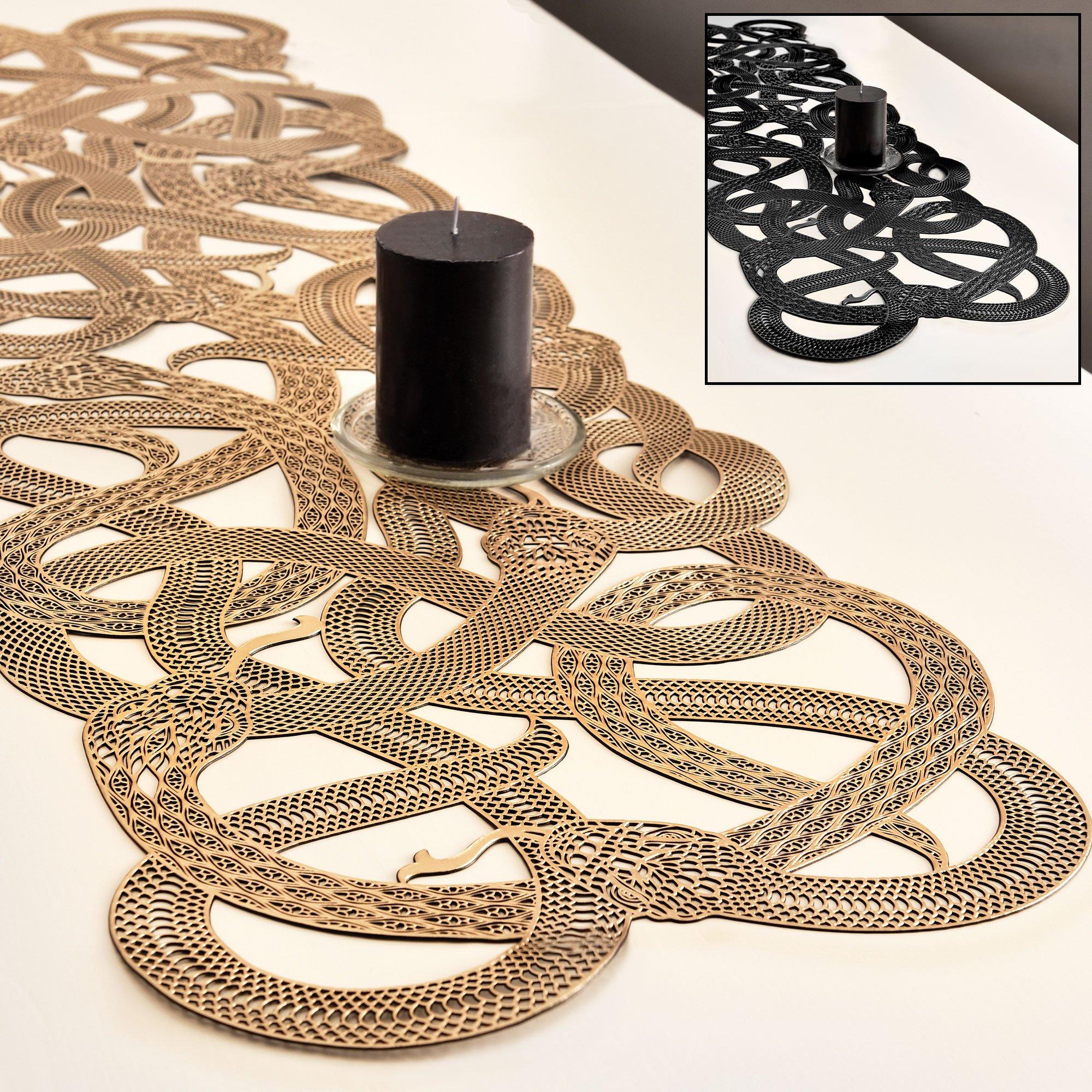 Metallic Gold & Black Serpent Reversible Die-Cut Vinyl Table Runner, 15in x 52in - Dark Academia