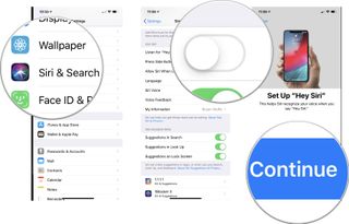 How to set up "Hey, Siri" on iPhone by showing: In Settings, tap Siri & Search, tap the toggle for Listen for Hey Siri to ON, tap Continue, then follow the on-screen directions