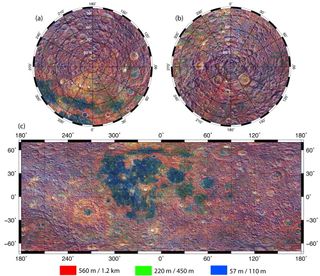 The colors in this image reveal information about the slope and roughness of the moon's surface.