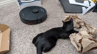 Cat trapping Roborock S7 MaxV Ultra robot vacuum.