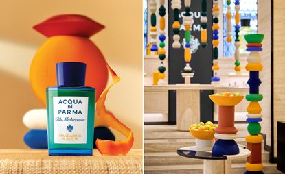 Colourful installation at Acqua di Parma store in Milan for new fragrance Mandarino di Sicilia