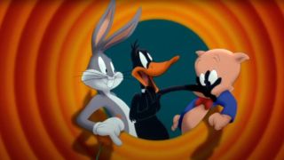 Bugs, Daffy and Porky Pig in an argument in post-credits scene of Space jam